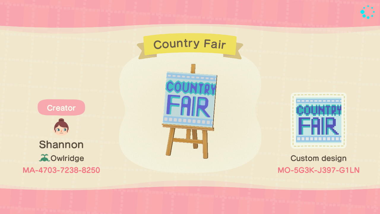 Animal Crossing Design Code: MO-5G3K-J397-G1LN Country Fair Sign