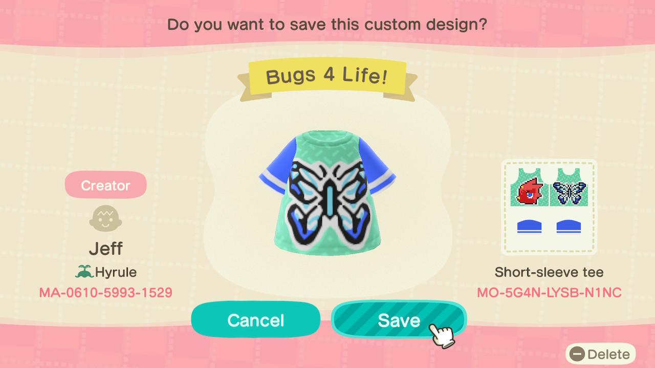 Animal Crossing Design Code: MO-5G4N-LYSB-N1NC Bugs 4 Life!