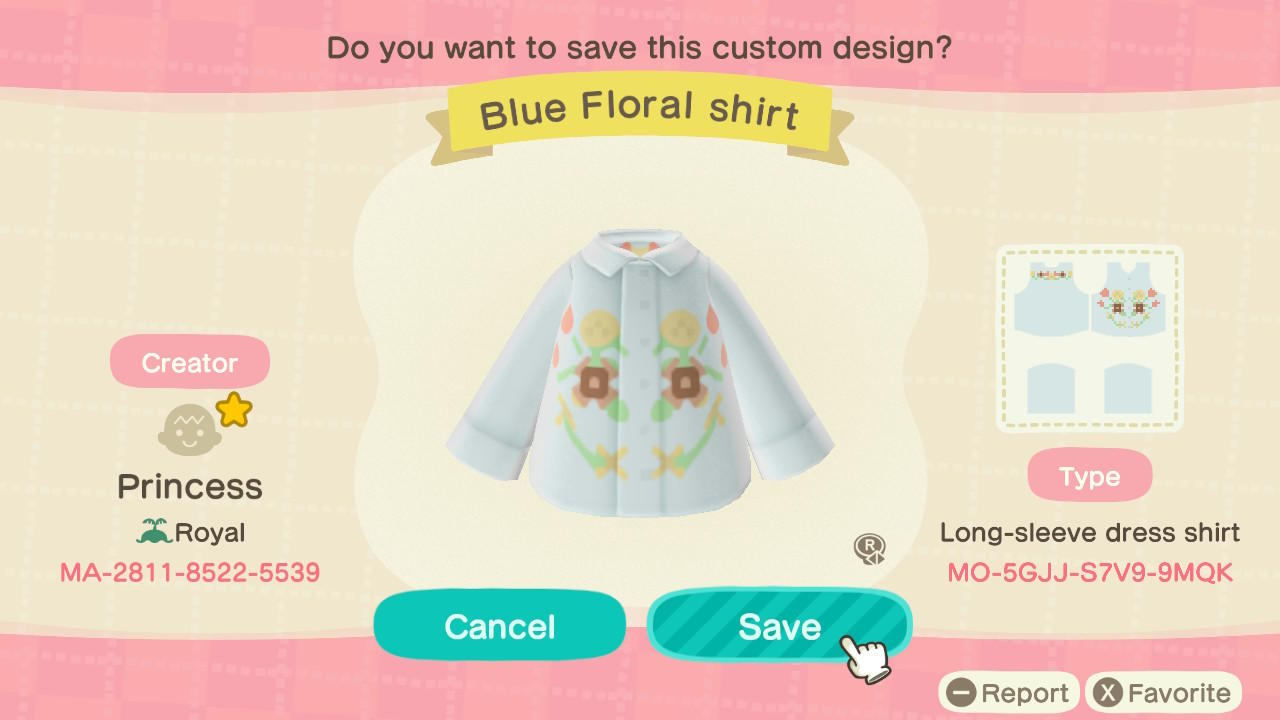Animal Crossing Design Code: MO-5GJJ-S7V9-9MQK Blue Floral shirt