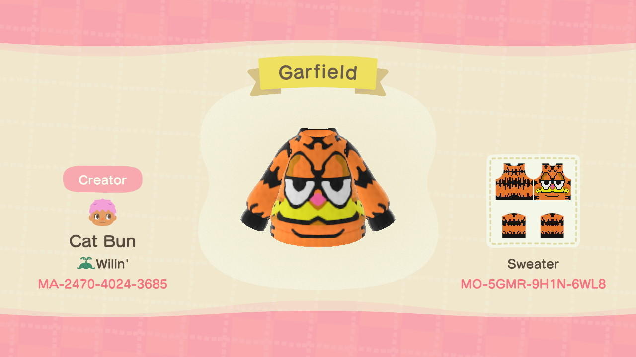 Animal Crossing Design Code: MO-5GMR-9H1N-6WL8 Garfield