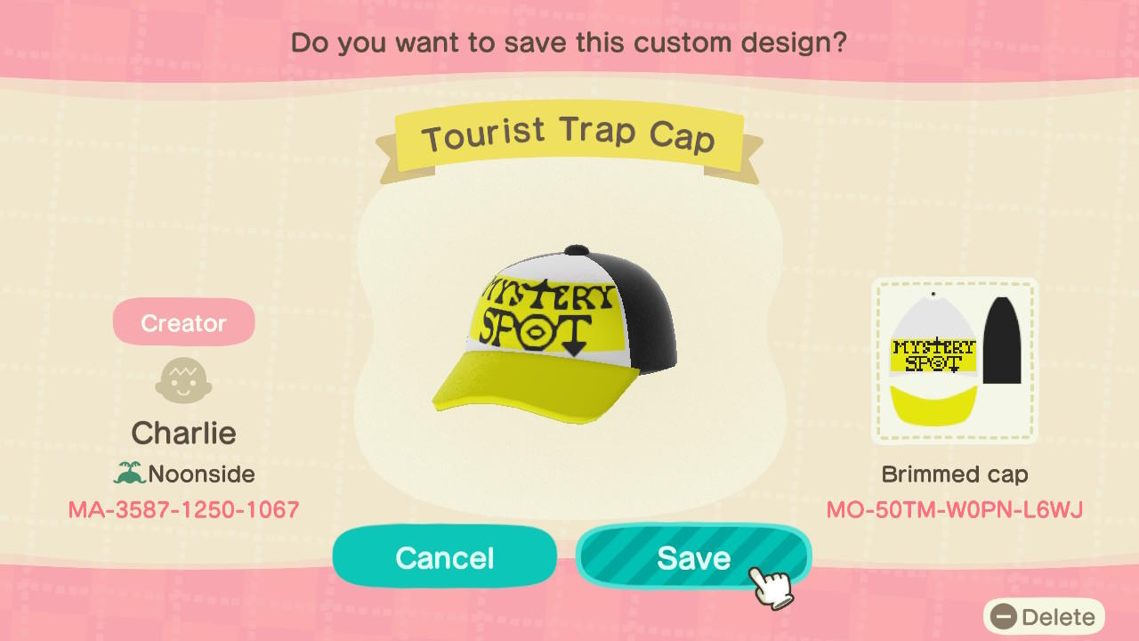 Animal Crossing Design Code: MO-5GTM-W0PM-L6WJ Tourist Trap Cap