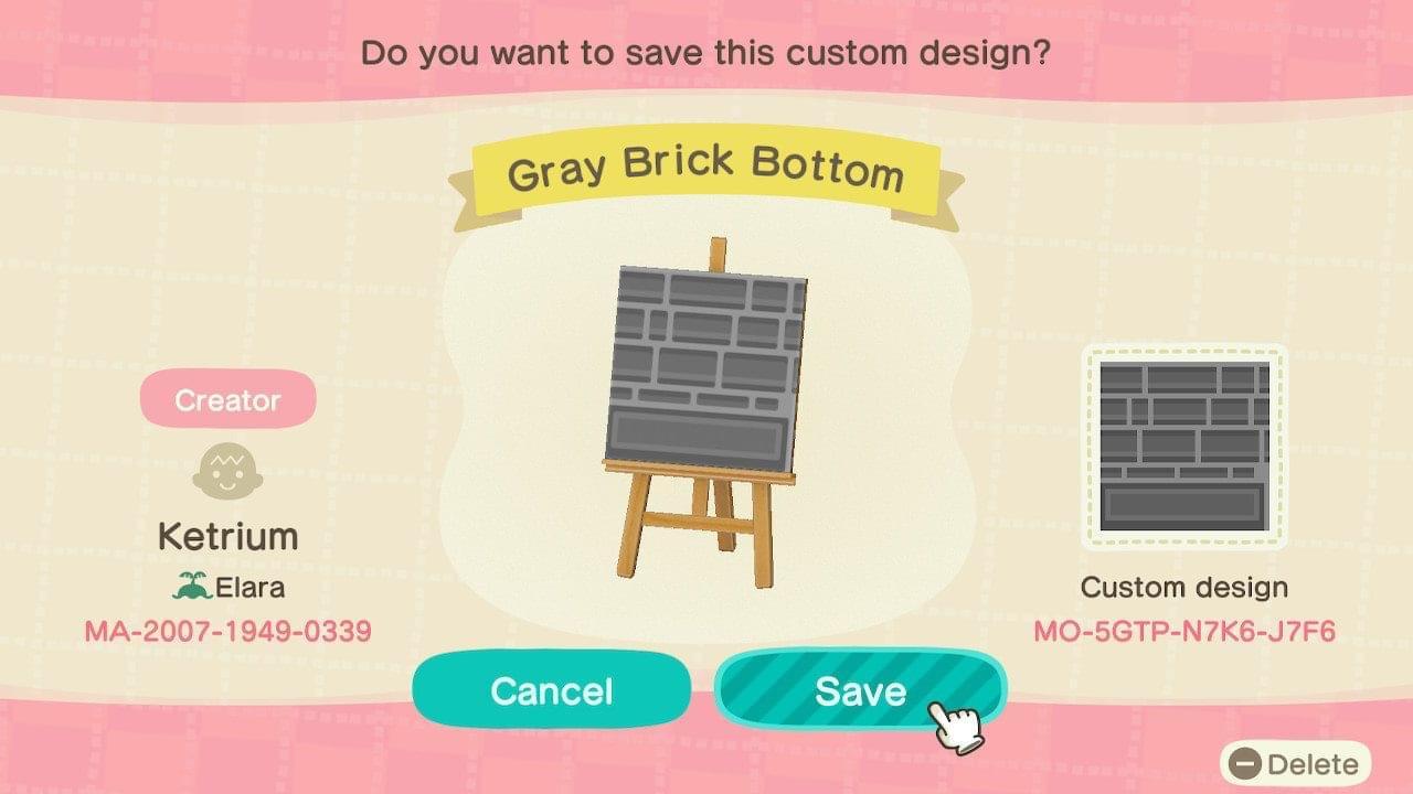 Animal Crossing Design Code: MO-5GTP-N7K6-J7F6 Gray Brick Bottom