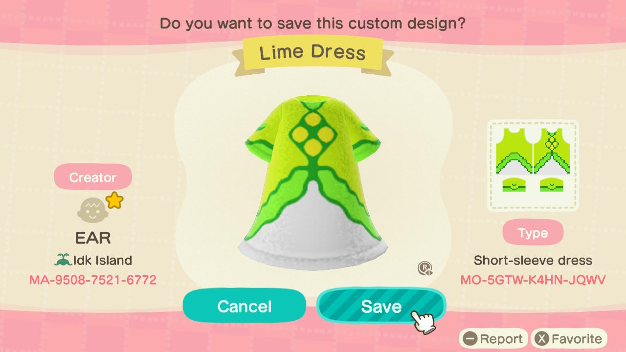 Animal Crossing Design Code: MO-5GTW-K4HN-JQWV Lime Dress