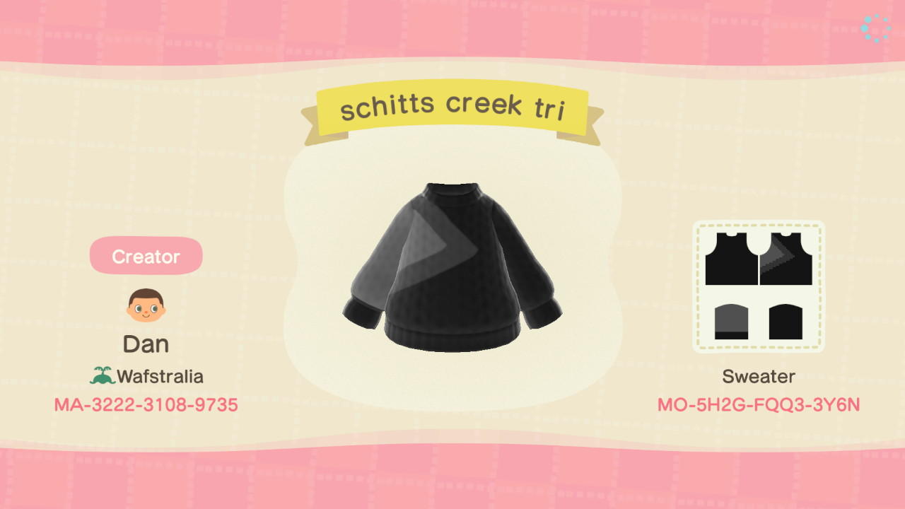 Animal Crossing Design Code: MO-5H2G-FQQ3-3Y6N Schitts Creek Tri