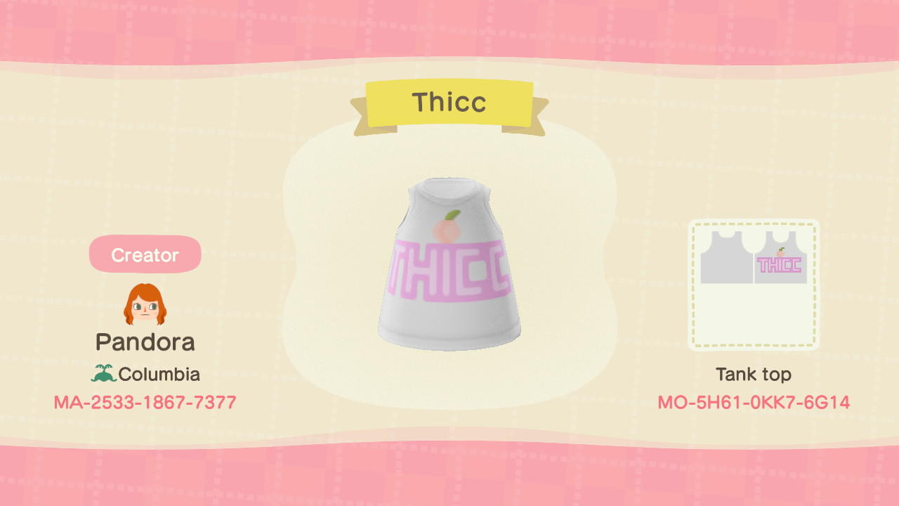 Animal Crossing Design Code: MO-5H61-0KK7-6G14 Thicc