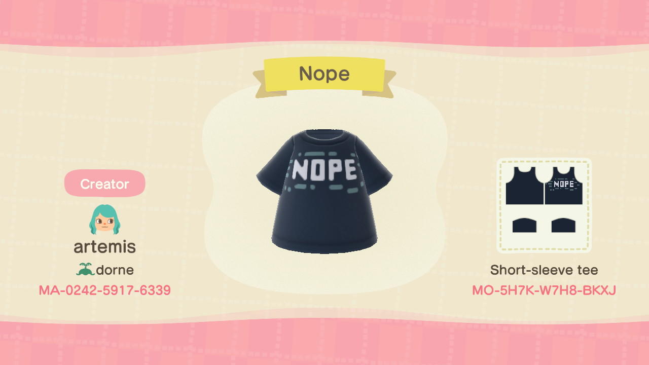 Animal Crossing Design Code: MO-5H7K-W7H8-BKXJ Nope
