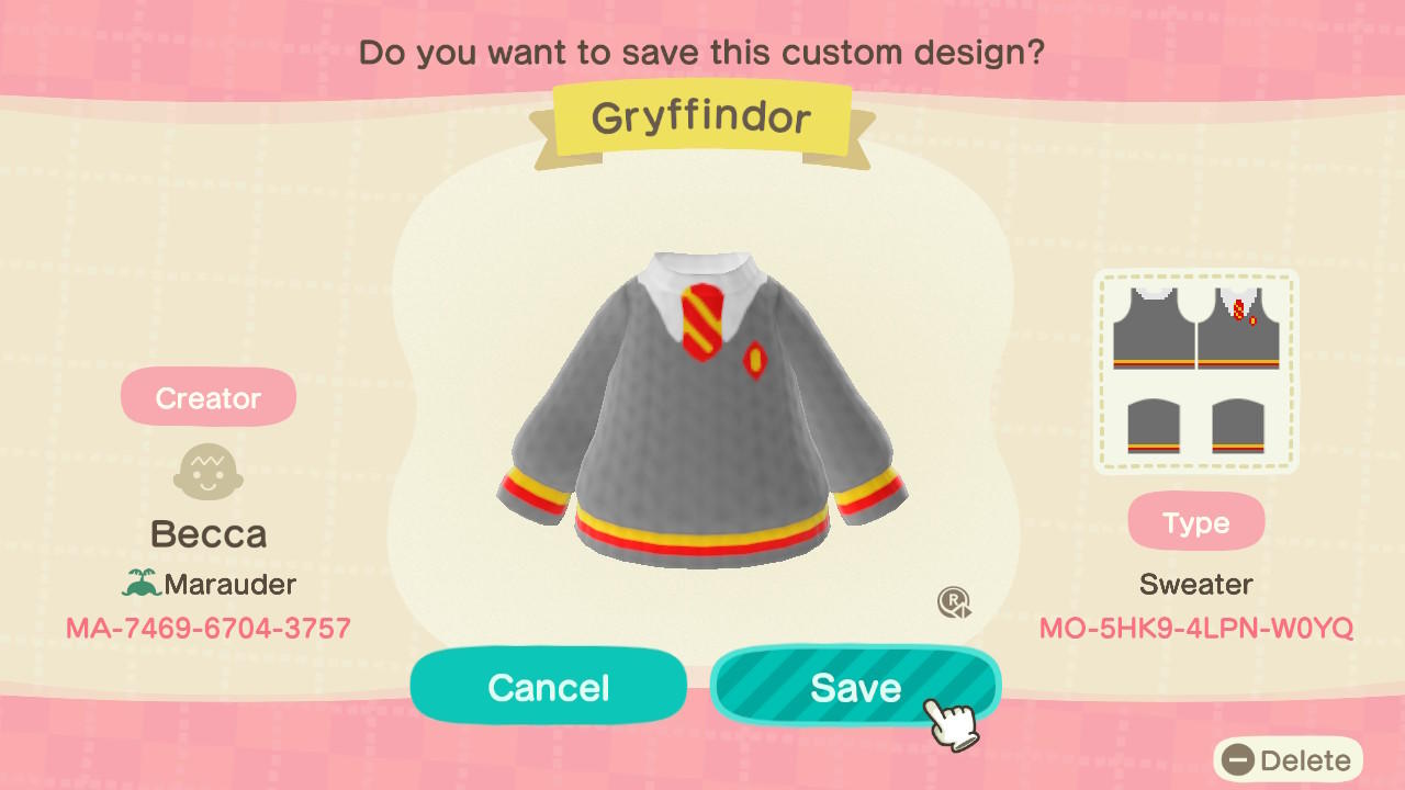 Animal Crossing Design Code: MO-5HK9-4LPN-W0YQ Gryffindor Jumper