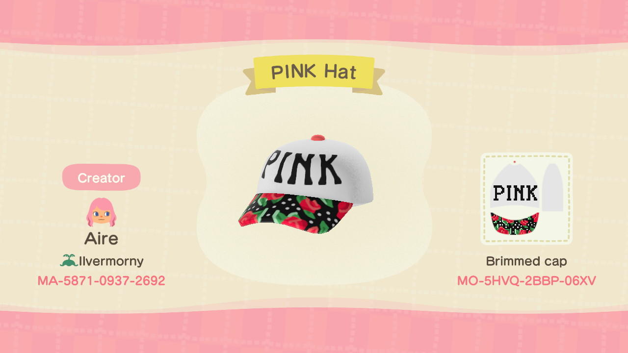 Animal Crossing Design Code: MO-5HVQ-2BBP-06XV PINK Hat