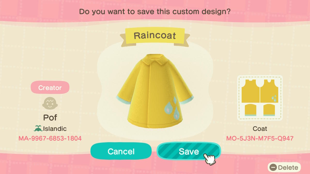 Animal Crossing Design Code: MO-5J3N-M7F5-Q947 Raincoat