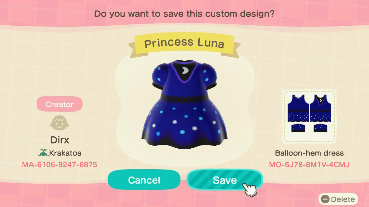 Animal Crossing Design Code: MO-5J78-8M1V-4CMJ Princess Luna