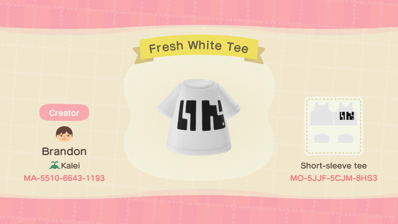 Animal Crossing Design Code: MO-5JJF-5CJM-8HS3 Fresh White Tee