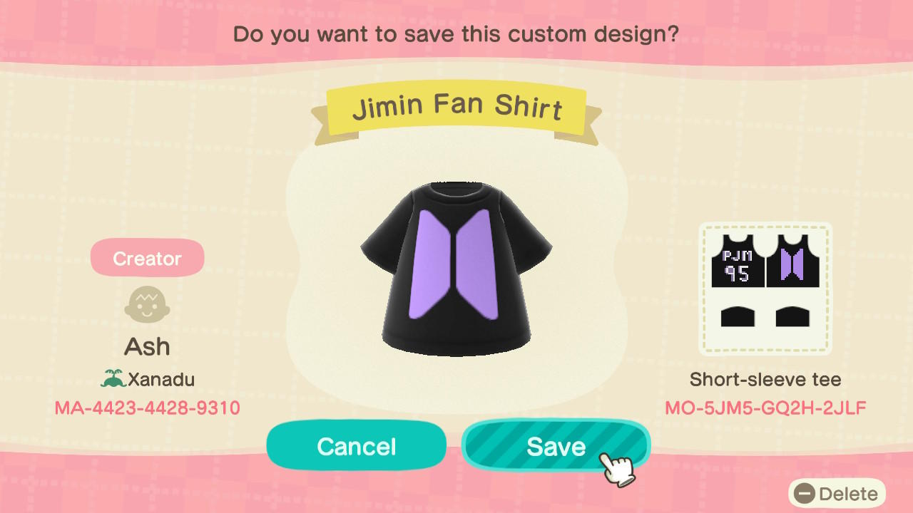 Animal Crossing Design Code: MO-5JM5-GQ2H-2JLF Jimin Fan Shirt