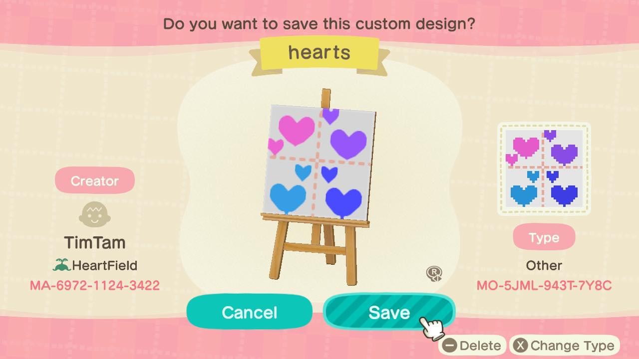 Animal Crossing Design Code: MO-5JML-943T-7Y8C Hearts