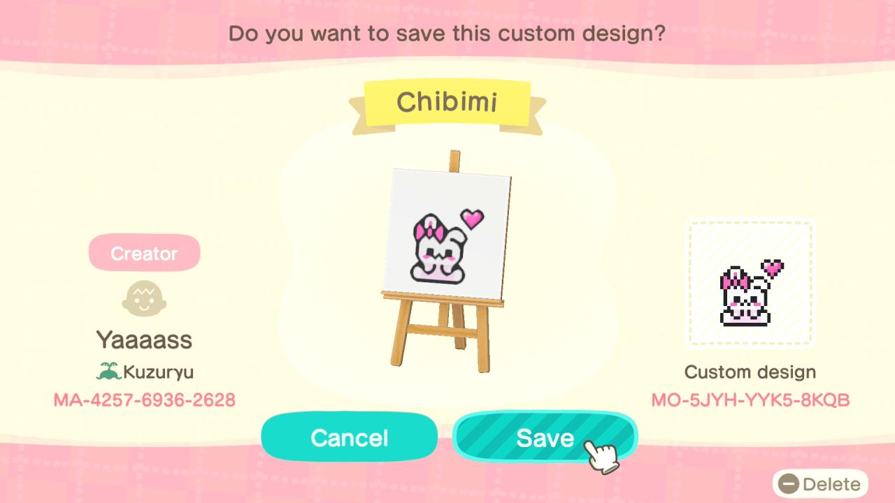 Animal Crossing Design Code: MO-5JYH-YYK5-8KQB Chibimi