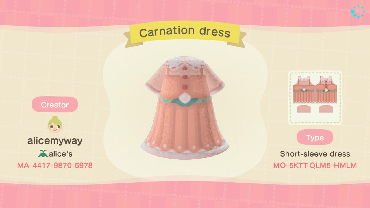 Animal Crossing Design Code: MO-5KTT-QLM5-HMLM Carnation Dress