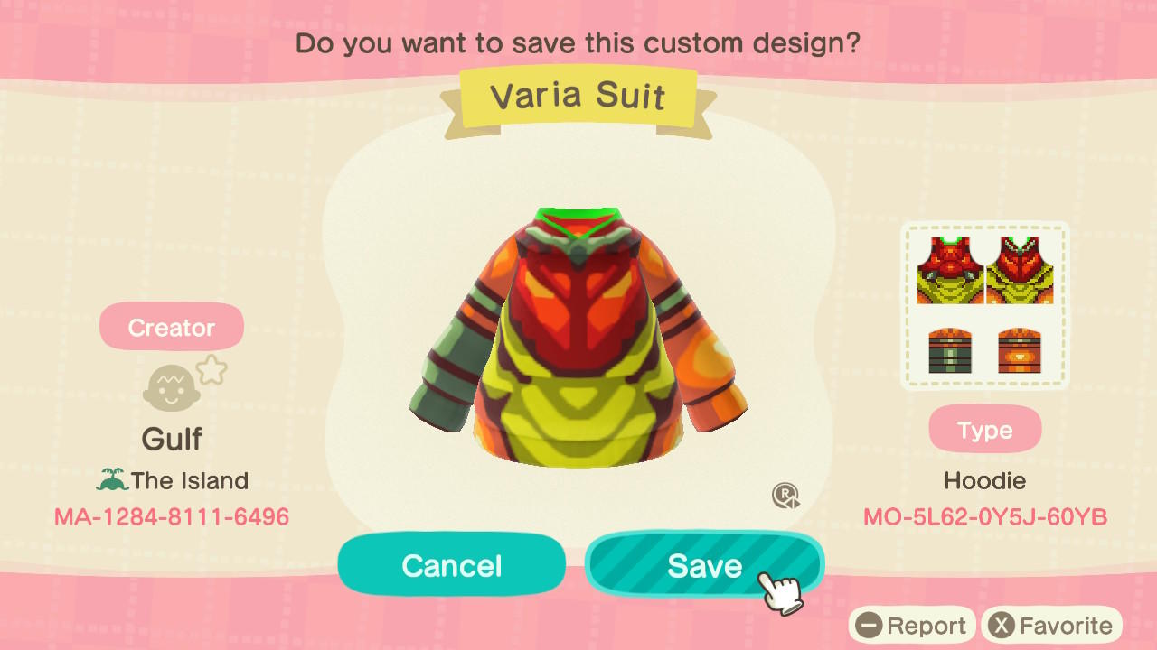 Animal Crossing Design Code: MO-5L62-0Y5J-60YB Varia Suit