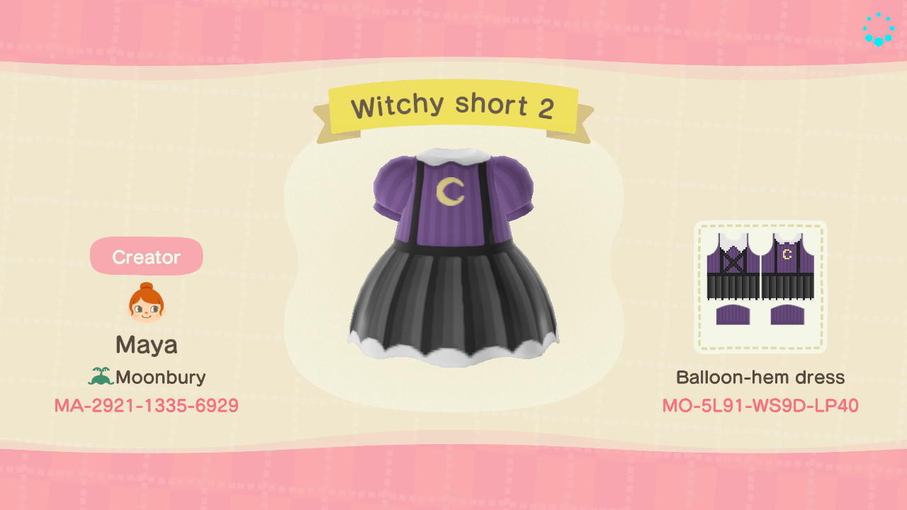 Animal Crossing Design Code: MO-5L91-WS9D-LP40 Witchy short 2