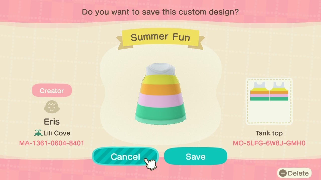 Animal Crossing Design Code: MO-5LFG-6W8J-GMH0 Summer Stri Tank Top
