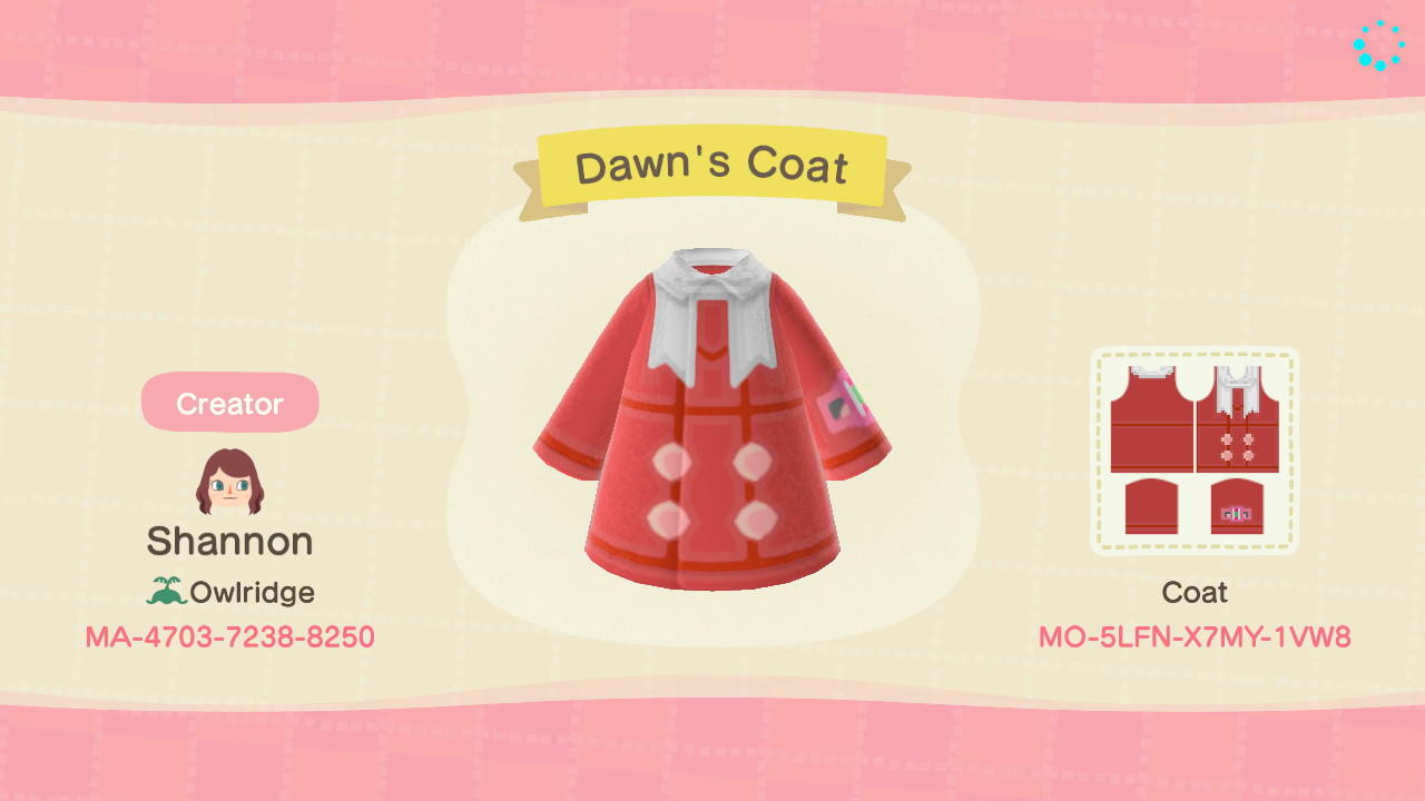 Animal Crossing Design Code: MO-5LFN-X7MY-1VW8 Dawn’s Coat