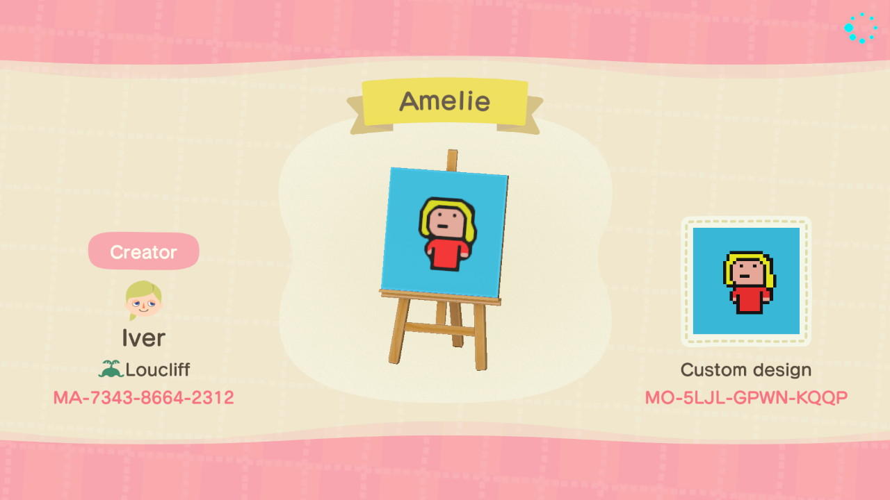 Animal Crossing Design Code: MO-5LJL-GPWN-KQQP Amelie
