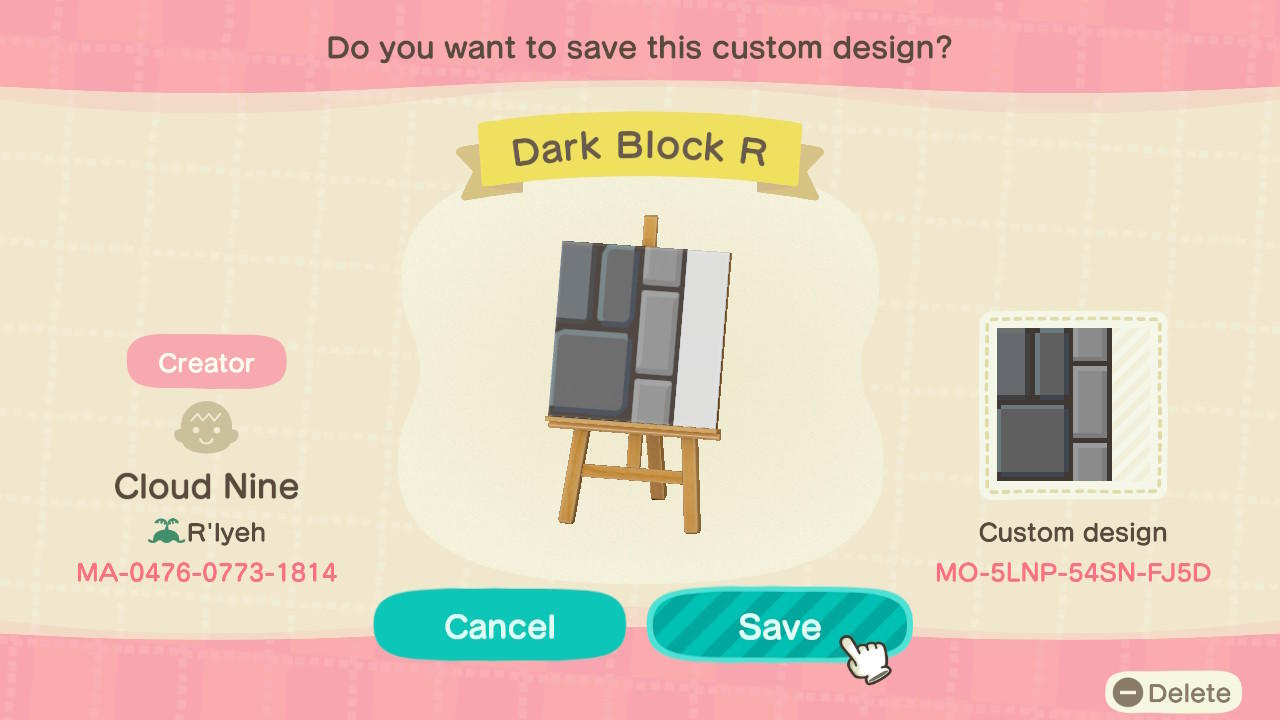 Animal Crossing Design Code: MO-5LNP-54SN-FJ5D Dark Block R