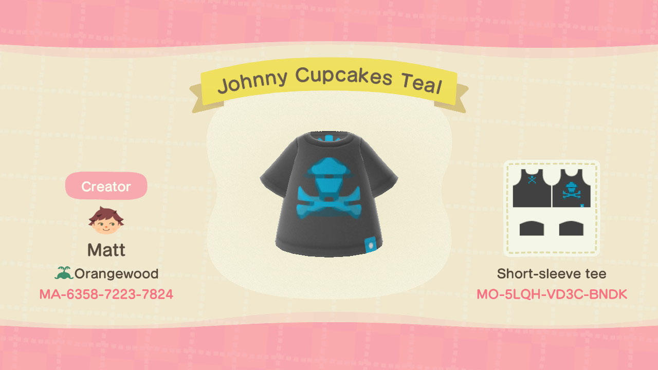 Animal Crossing Design Code: MO-5LQH-VD3C-BNDK Johnny Cupcakes Teal