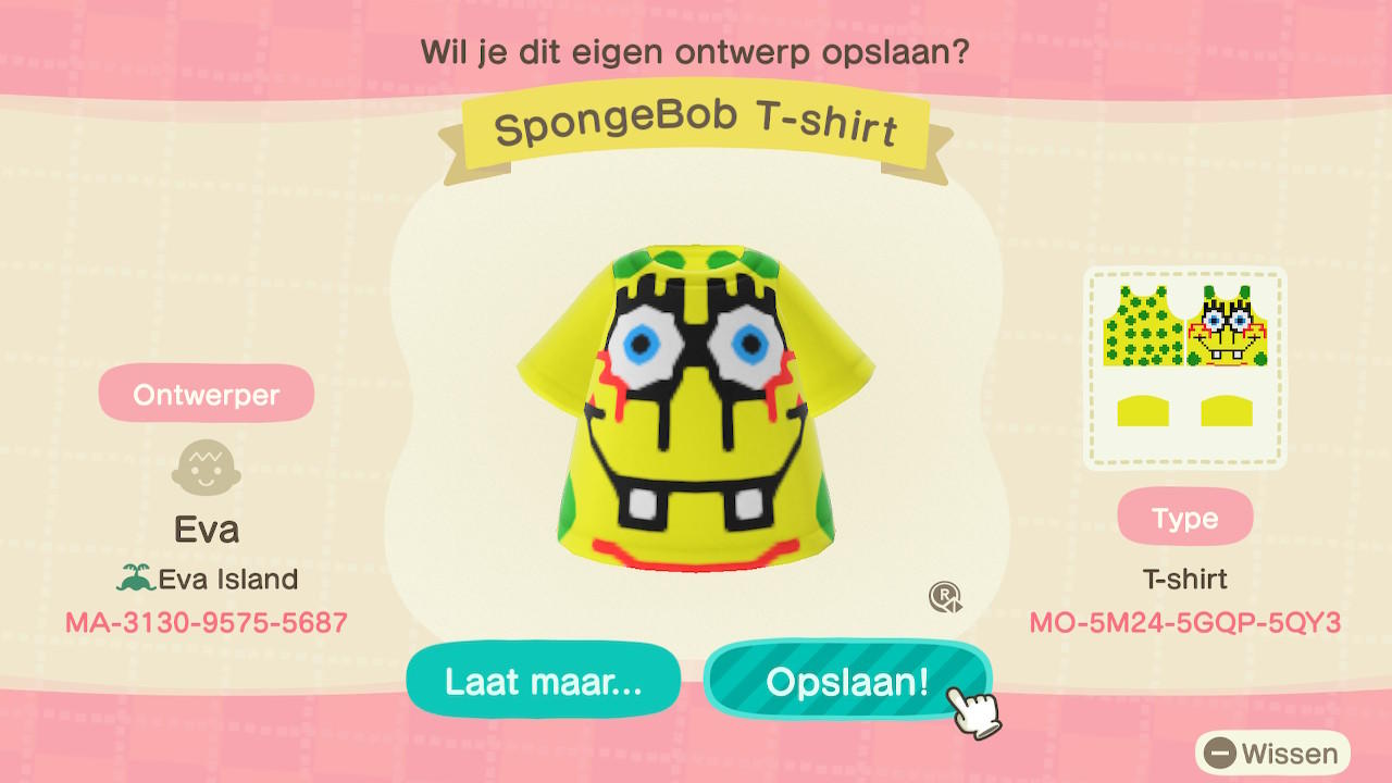Animal Crossing Design Code: MO-5M24-5GQP-5QY3 SpongeBob T-shirt