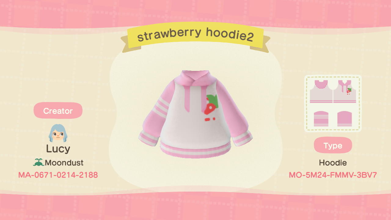 Animal Crossing Design Code: MO-5M24-FMMV-3BV7 strawberry hoodie