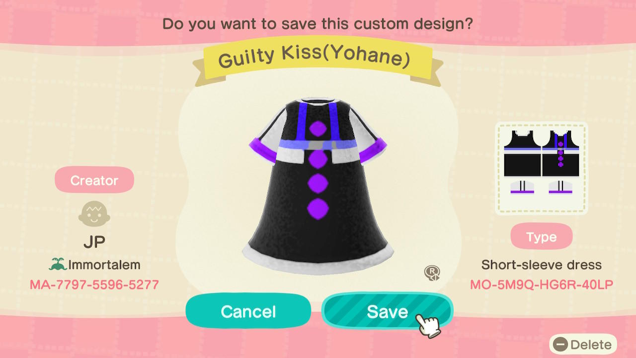 Animal Crossing Design Code: MO-5M9Q-HG6R-40LP Guilty Kiss(Yohane)