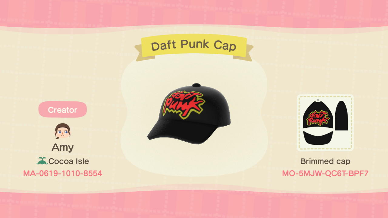 Animal Crossing Design Code: MO-5MJW-QC6T-BPF7 Daft Punk Cap