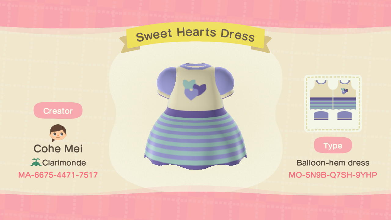 Animal Crossing Design Code: MO-5N9B-Q7SH-9YHP Sweet Hearts Dress