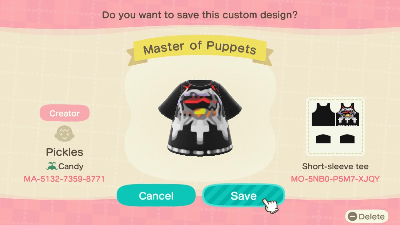 Animal Crossing Design Code: MO-5NB0-P5M7-XJQY Master of Puppets