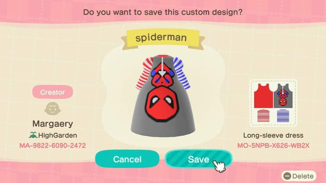 Animal Crossing Design Code: MO-5NPB-X626-WB2X Spiderman