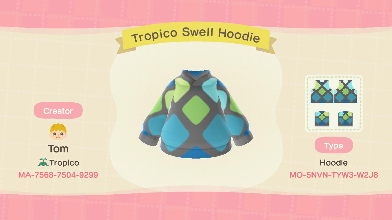 Animal Crossing Design Code: MO-5NVN-TYW3-W2J8 Tropico Swell Hoodie
