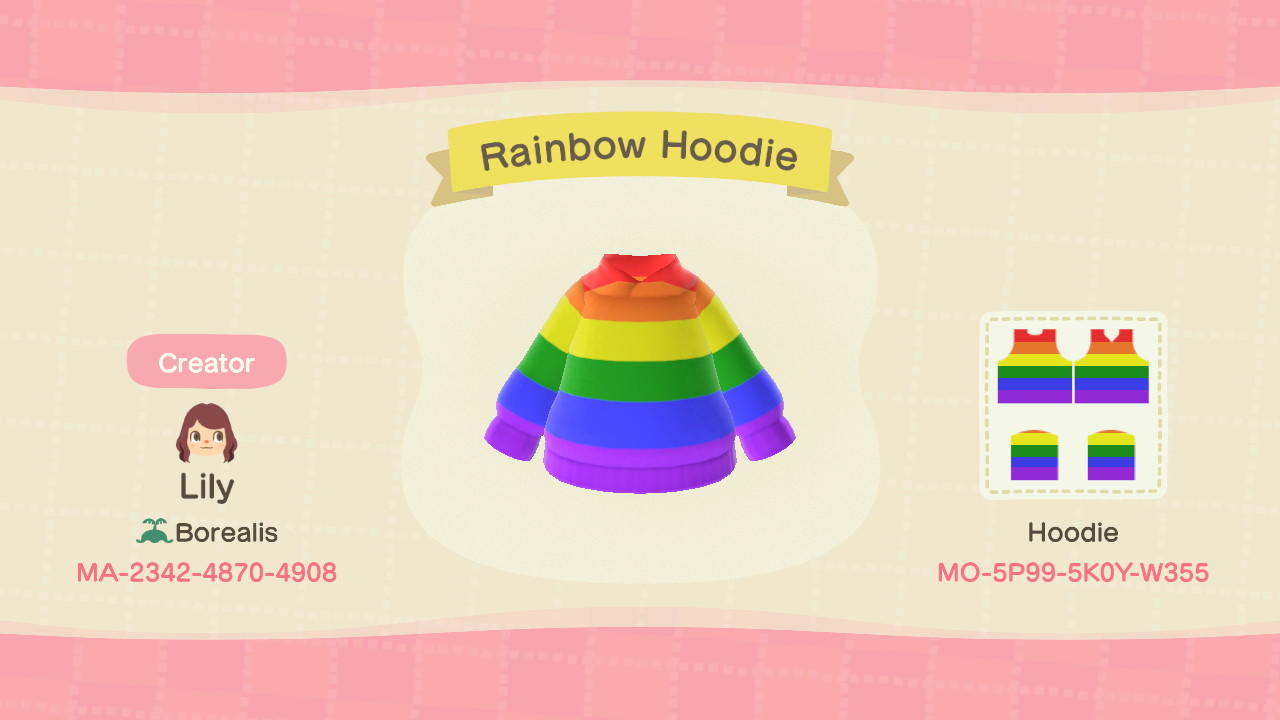Animal Crossing Design Code: MO-5P99-5K0Y-W355 Gay (Rainbow Hoodie)
