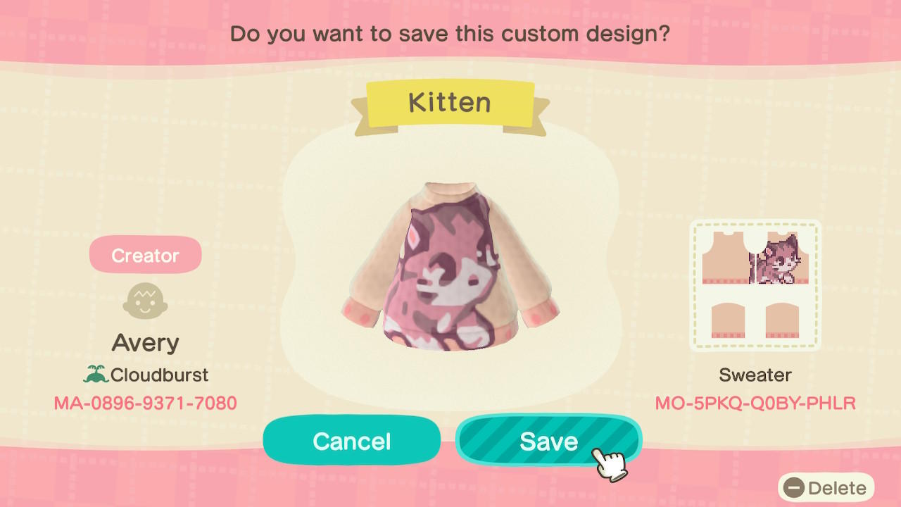 Animal Crossing Design Code: MO-5PKQ-Q0BY-PHLR Kitten