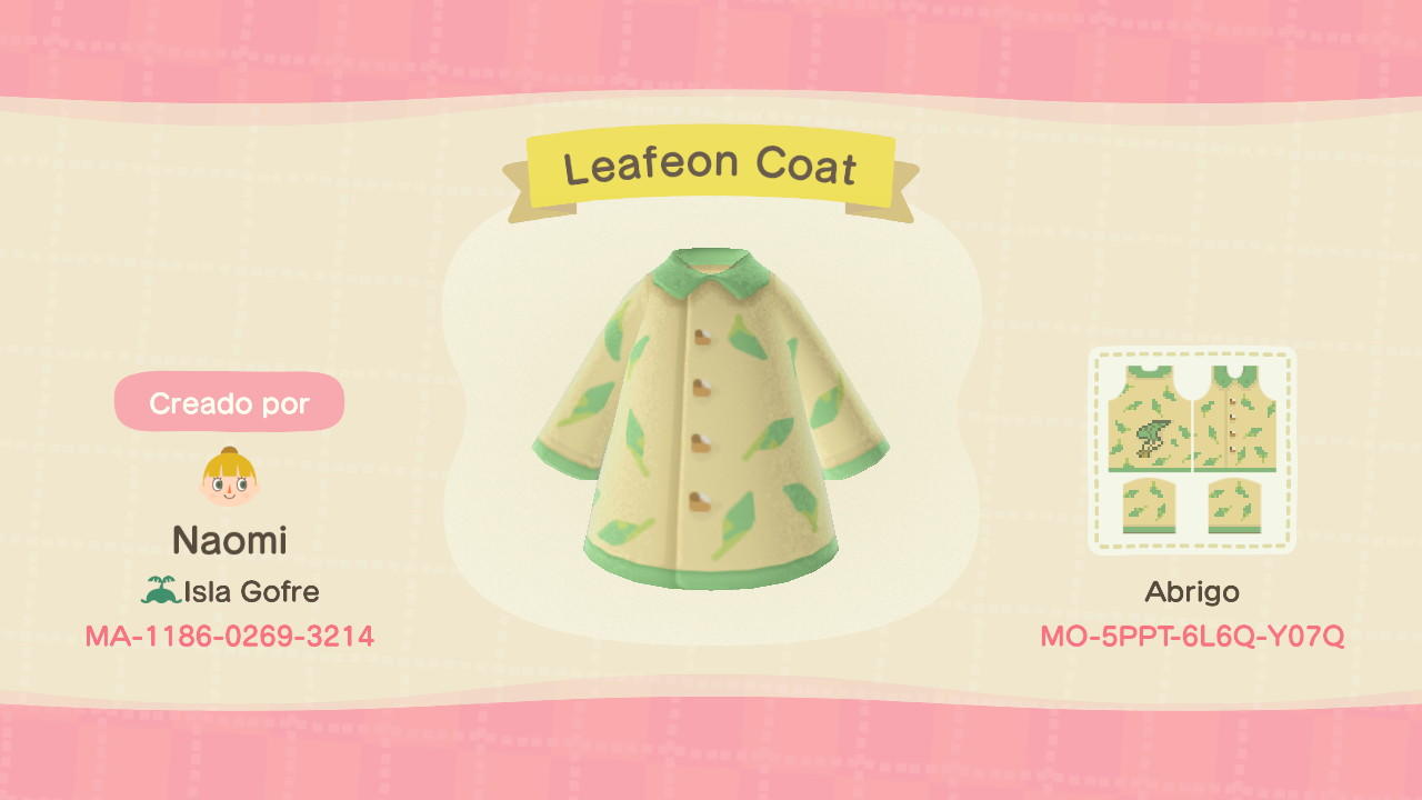 Animal Crossing Design Code: MO-5PPT-6L6Q-Y07Q Leafeon Coat