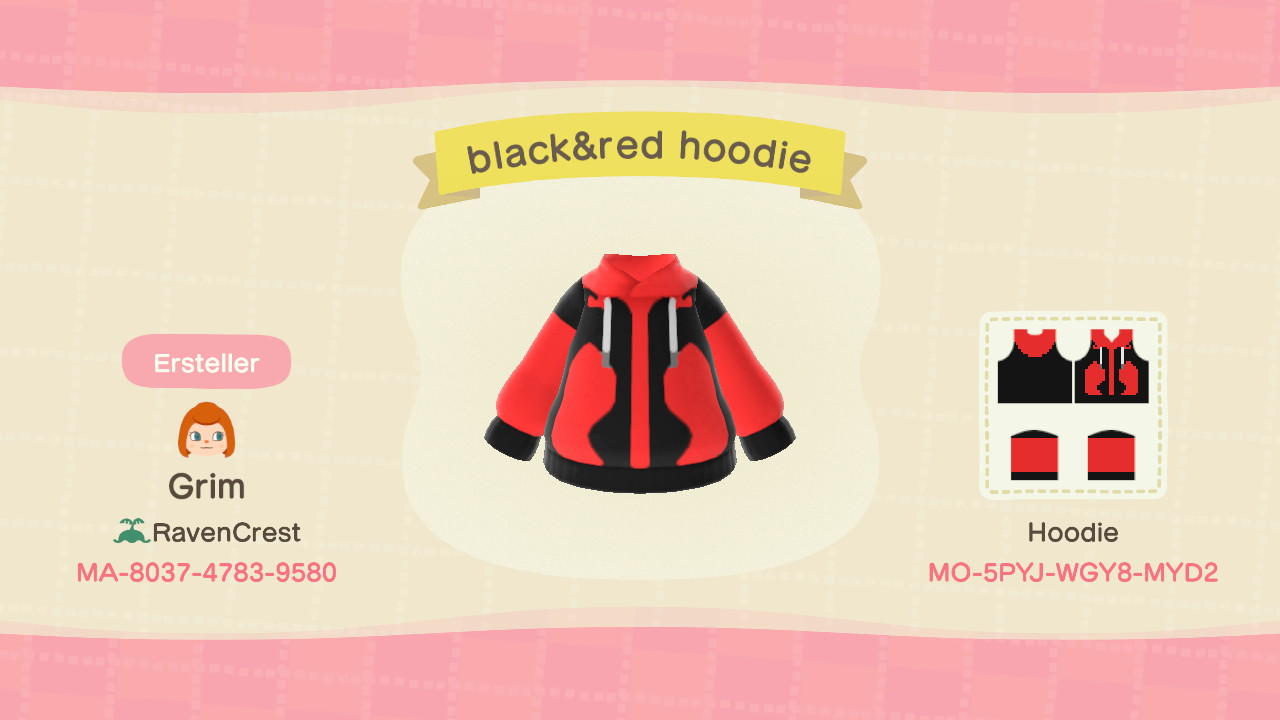 Animal Crossing Design Code: MO-5PYJ-WGY8-MYD2 black&red hoodie
