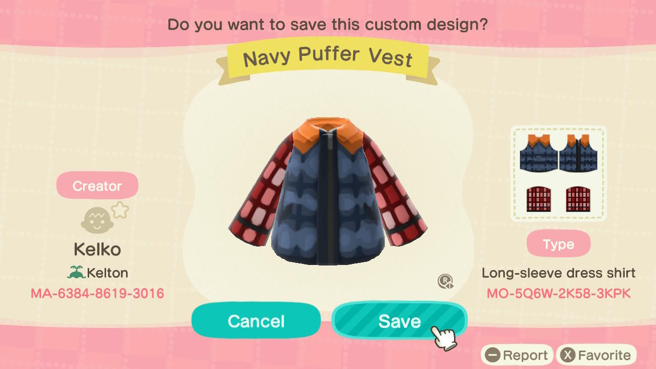 Animal Crossing Design Code: MO-5Q6W-2K58-3KPK Navy Puffer Vest