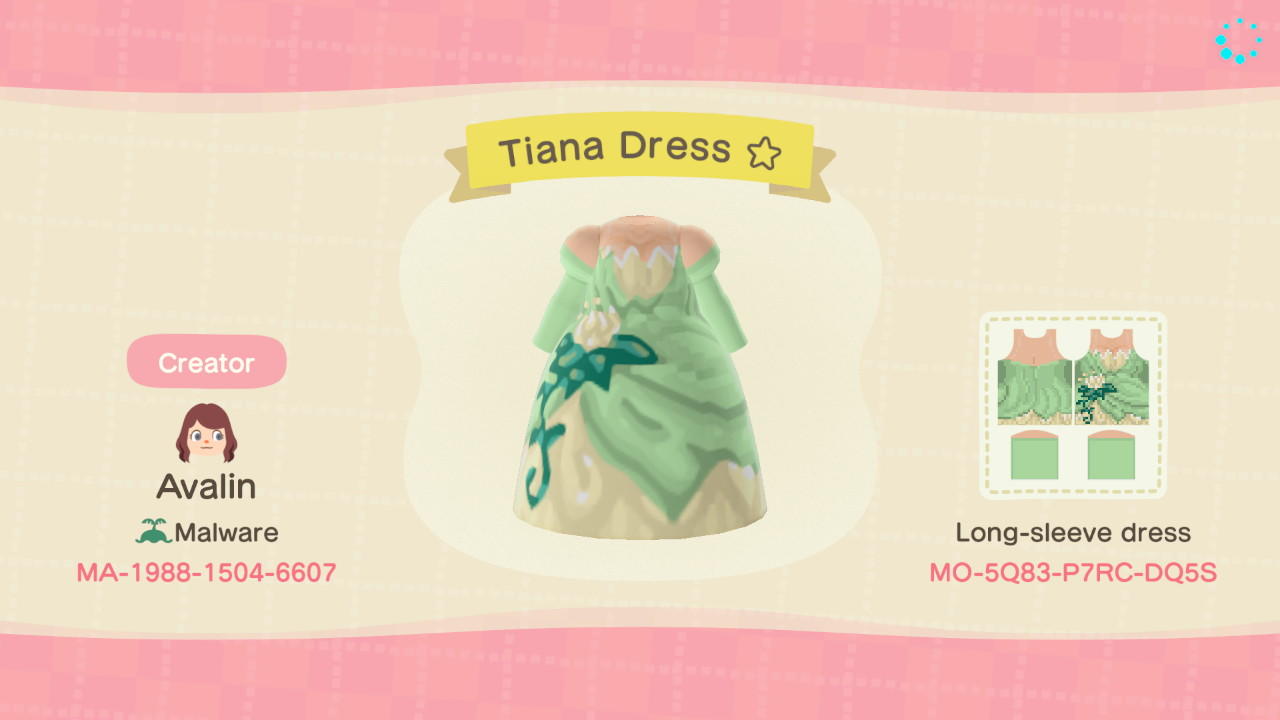 Animal Crossing Design Code: MO-5Q83-P7RC-DQ5S Tiana Dress ☆