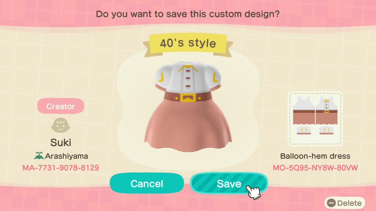 Animal Crossing Design Code: MO-5Q95-NY8W-80VW 40&#39;s style dress