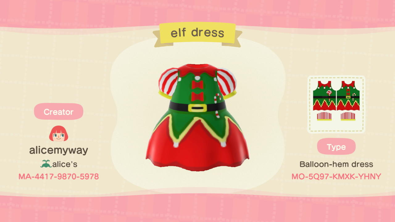 Animal Crossing Design Code: MO-5Q97-KMXK-YHNY Santa's elf dress