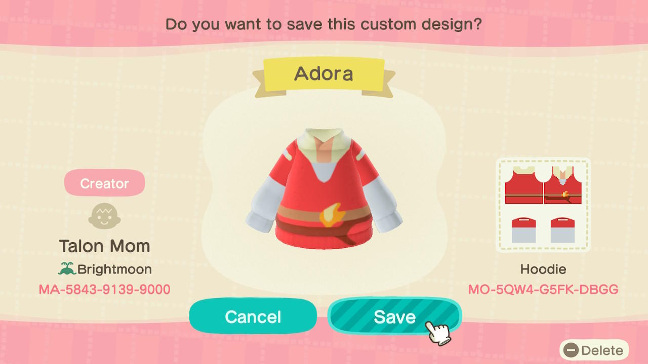 Animal Crossing Design Code: MO-5QW4-G5FK-DBGG Adora
