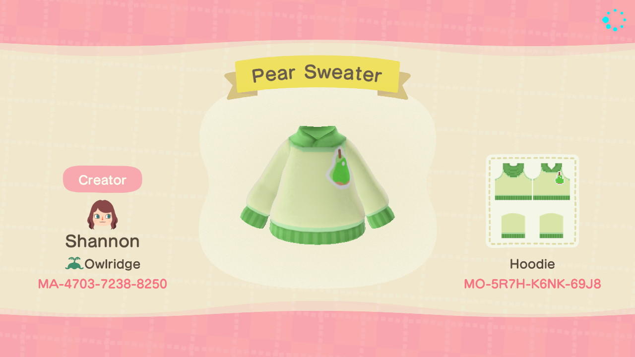 Animal Crossing Design Code: MO-5R7H-K6NK-69J8 Pear Hoodie