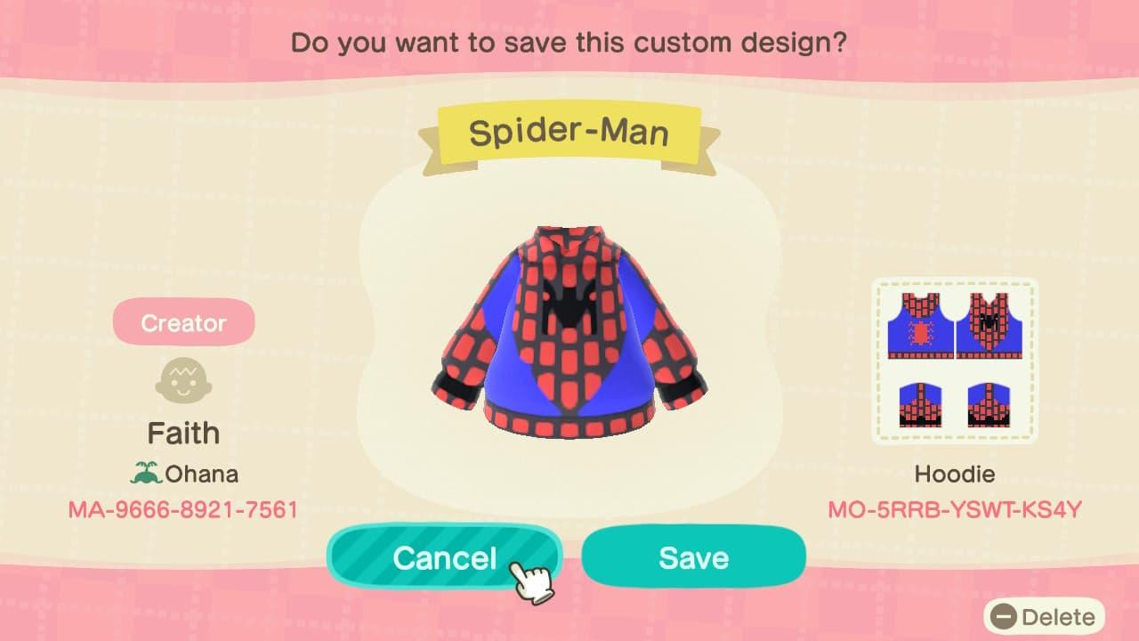 Animal Crossing Design Code: MO-5RRB-YSWT-KS4Y Spider-Man