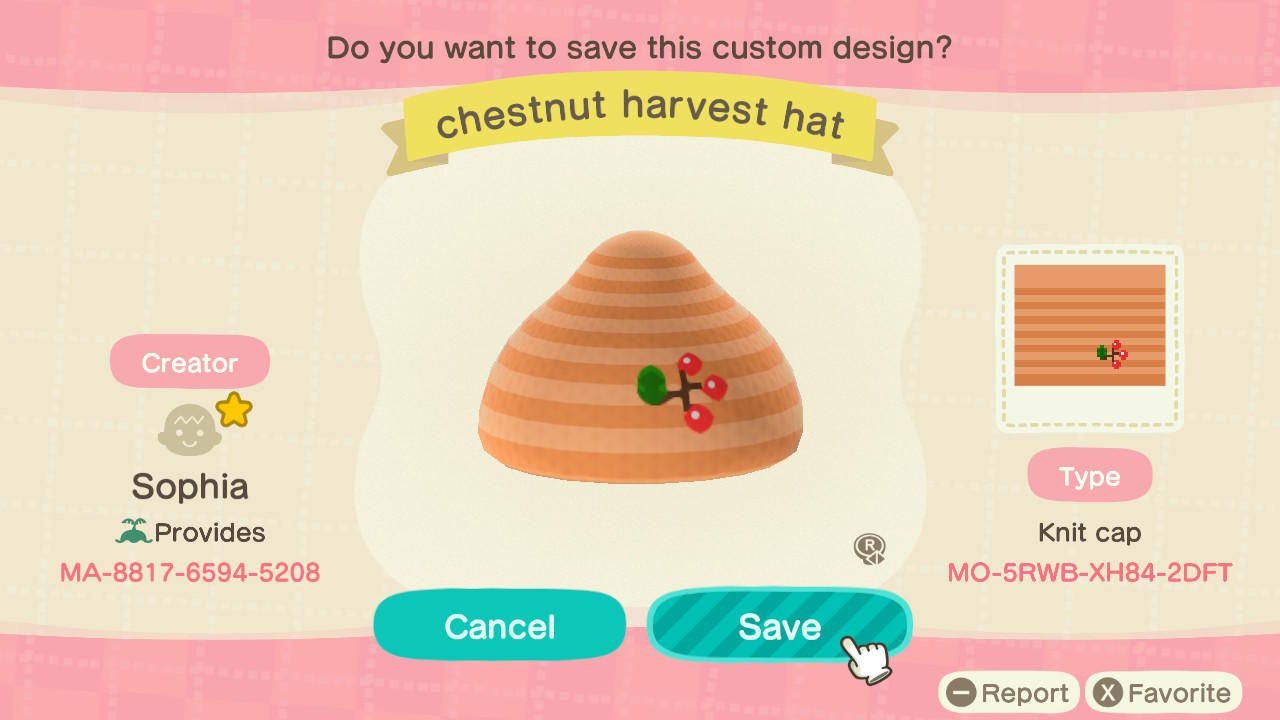 Animal Crossing Design Code: MO-5RWB-XH84-2DFT Chestnut Harvest Hat