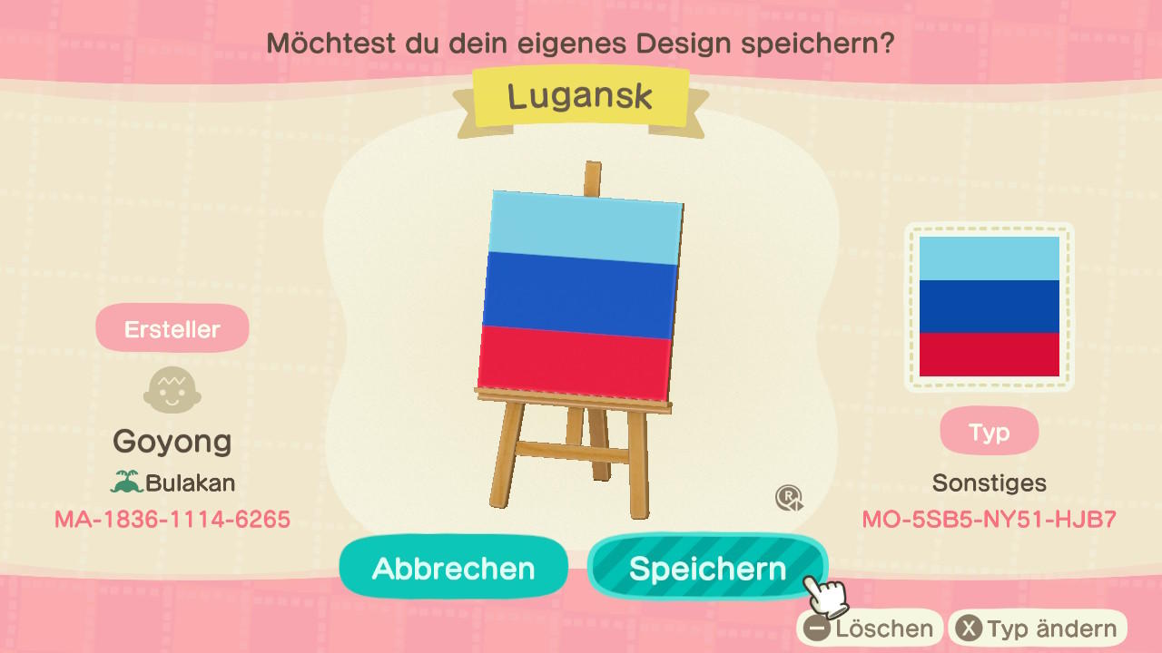 Animal Crossing Design Code: MO-5SB5-NY51-HJB7 Luhansk PR
