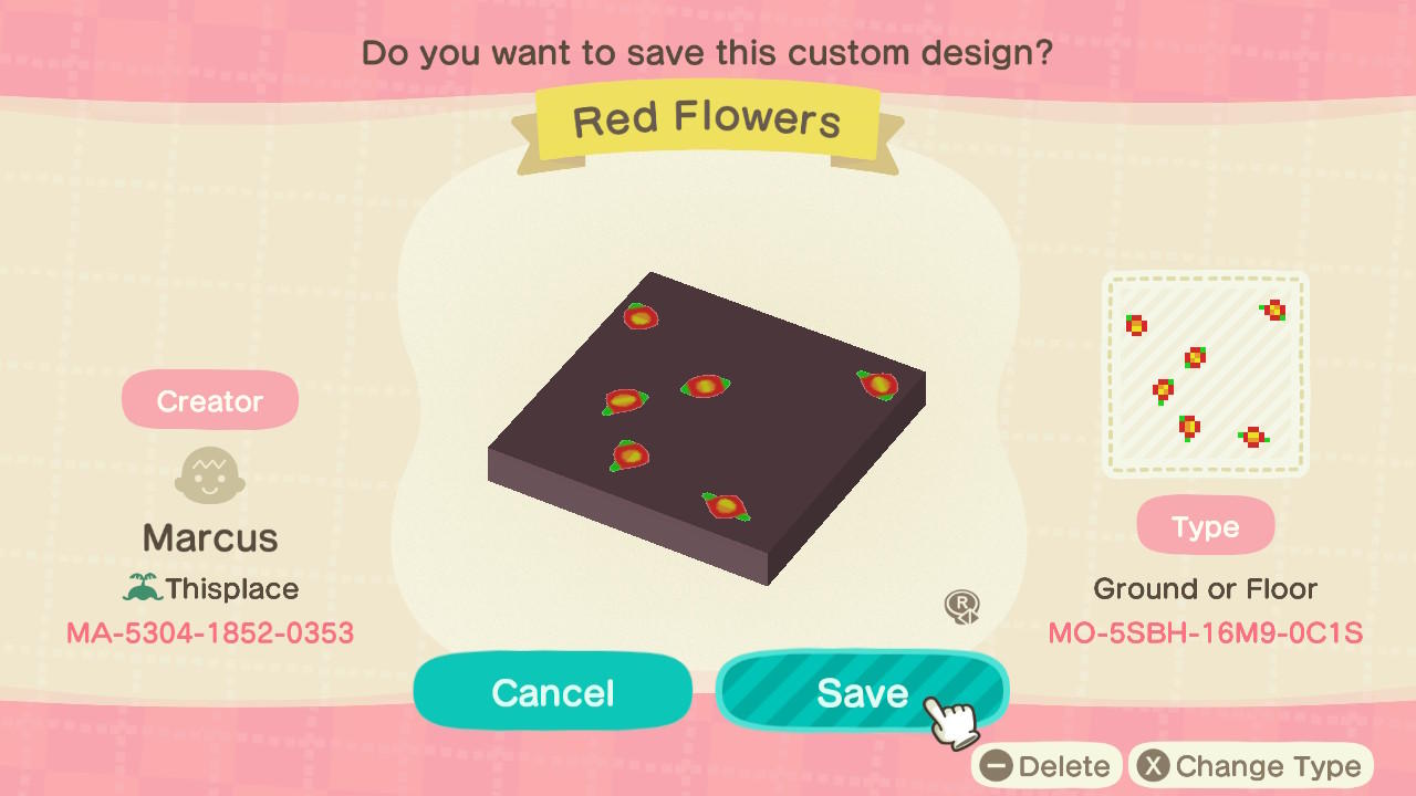 Animal Crossing Design Code: MO-5SBH-16M9-0C1S Red Flowers (4)