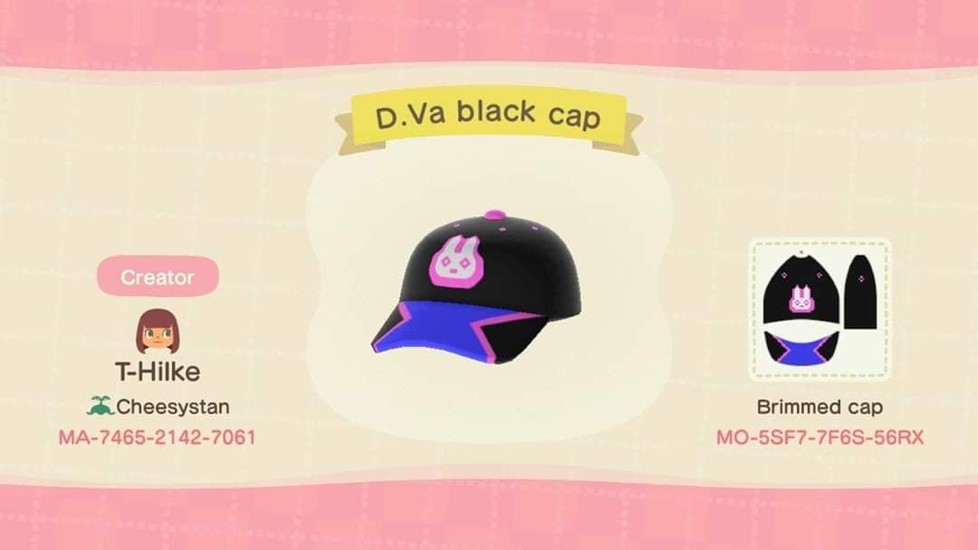 Animal Crossing Design Code: MO-5SF7-7F6S-56RX D.Va Black cap