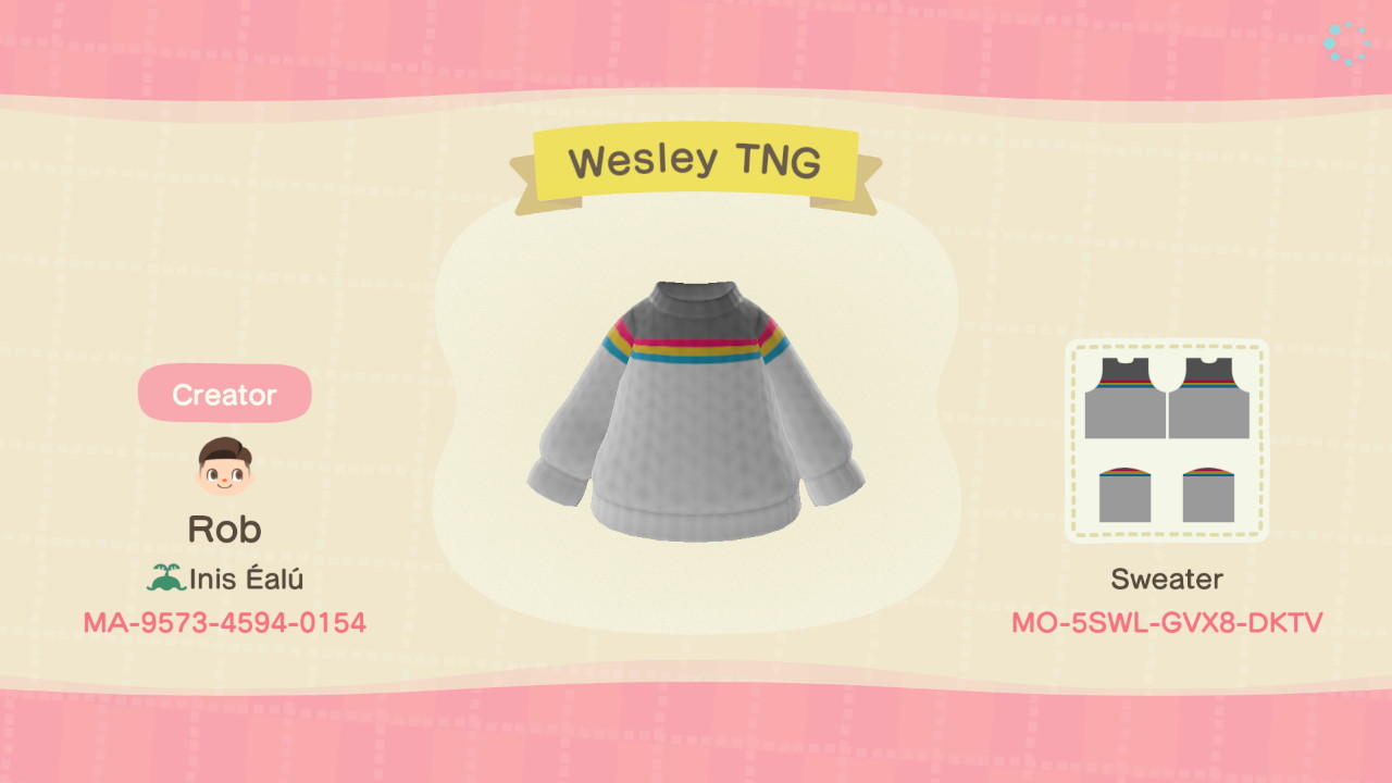 Animal Crossing Design Code: MO-5SWL-GVX8-DKTV Wesley TNG (Sweater)